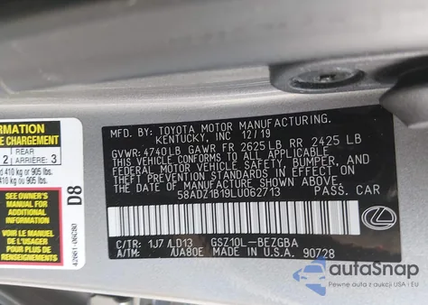 2020 Lexus Es 350 из США, поврежденный, VIN 58ADZ1B19LU062713